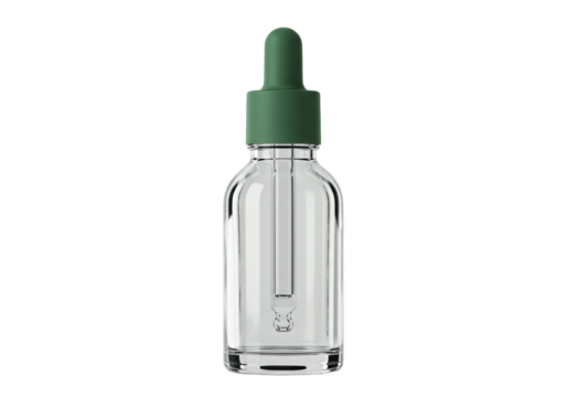 Clear glass dropper bottle with green cap isolated, essential oil container for aromatherapy and skincare on transparent background