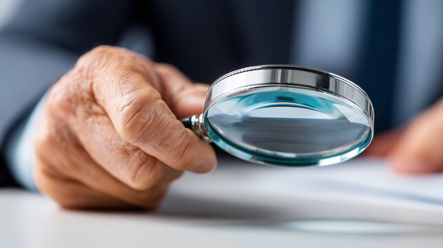 Certified Financial Crime Specialist examining a clean digital ledger with a magnifying glass, serious focus, isolated on pure white background, dark contrast