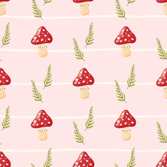 Vector seamless pattern with red fly agaric mushrooms and fern leaves. Cute design, perfect for autumn, children textiles, gift wrapping, and cozy seasonal illustrations