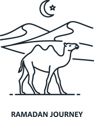 Line art illustration of a camel walking through desert dunes under a crescent moon and star, with the text 'Ramadan Journey'.