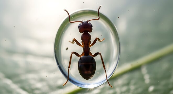 Macro shot of an ant trapped in a water droplet on a leaf.