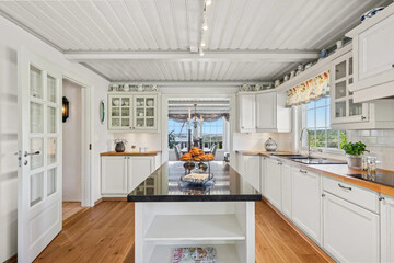 Modern luxury kitchen interior in minimal scandinavian style, 3d render
