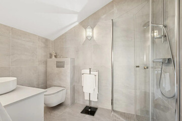 Modern bathroom interior in minimal scandinavian style, 3d render
