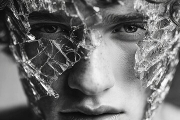 Man's face covered with broken glass pieces in a monochrome portrait, conveying fragility and emotional struggle