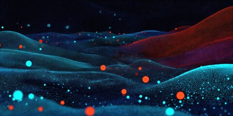 Abstract digital art with rolling hills and scattered, glowing particles in blue and red tones