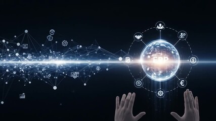 Hands reaching toward glowing ERP hologram as digital network icons connect across futuristic interface in seamless technology design - Powered by Adobe
