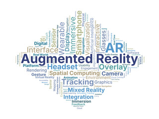 Fototapeta premium Augmented Reality Word Cloud. Key Concepts On Immersion, Interaction, Visualization, Sensors, Devices, And Spatial Computing In The Modern Digital Environment.