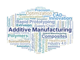 Additive Manufacturing Word Cloud. Composition Of Terms Related To 3D Printing, Prototyping, Materials, Digital Design, Precision, And Industrial Applications Across Sectors.