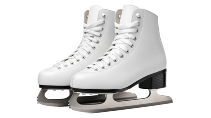 A pair of white figure skates with laces and silver blades against a black background in a studio created with generated ai