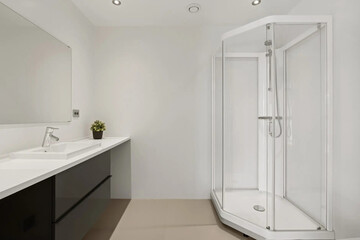 Modern bathroom interior in minimal scandinavian style, 3d render

