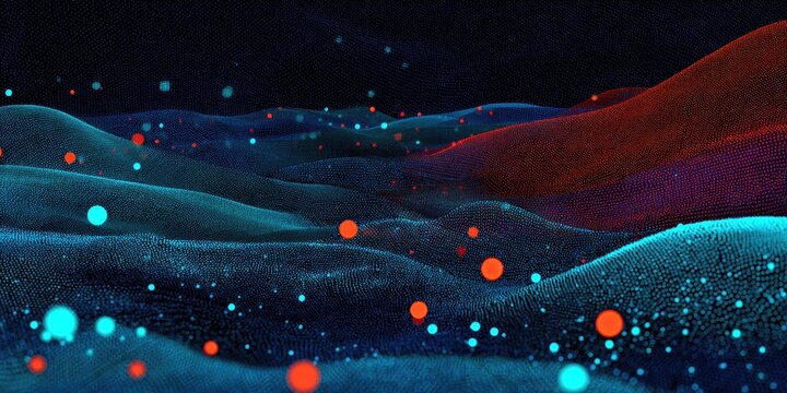 Abstract digital art with rolling hills and scattered, glowing particles in blue and red tones