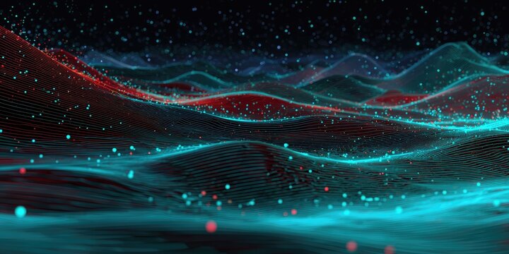 Abstract landscape of undulating lines, glowing dots on red and turquoise, dark blue space background