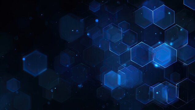 Abstract illustration of blue glowing hexagonal shapes against a dark background - Powered by Adobe