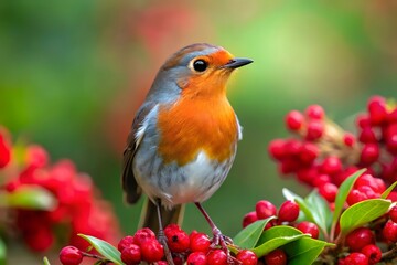 Red-Breasted Robin Perched on Berries
