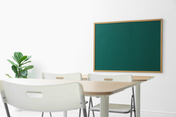 Blank green chalkboard, desks, chairs and plant in classroom