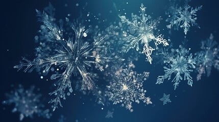 Stunning High-Resolution Digital Rendering of Detailed, Crystalline Snowflakes Falling Against a Deep Blue Winter Background