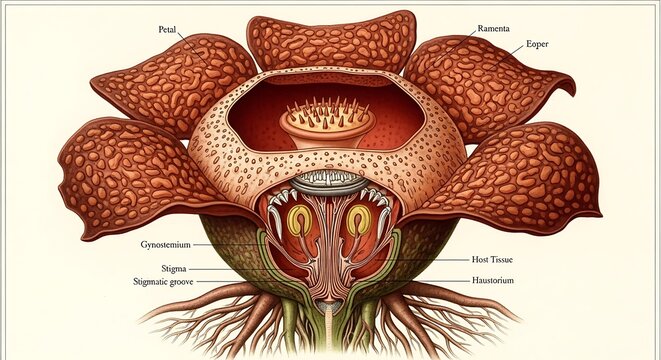 Rafflesia arnoldii botanical illustration with detailed anatomical labels.