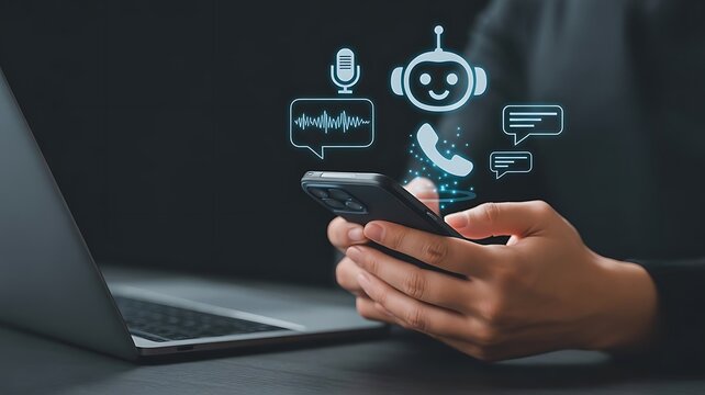 Person holding a smartphone with ai chatbot icons and sound waves, symbolizing voice assistant and artificial intelligence interaction with technology and digital communication