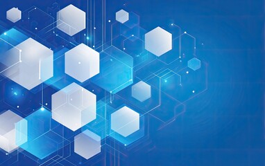 Blue digital illustration of connected, translucent geometric shapes