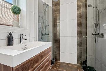 Modern bathroom interior in minimal scandinavian style, 3d render
