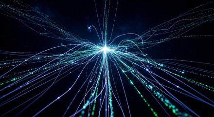 Stunning network data stream visualization with vibrant glowing lines and particles in a dark space
