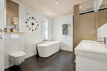 Modern bathroom interior in minimal scandinavian style, 3d render
