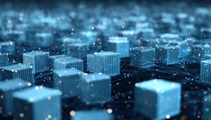 Abstract blue image featuring rows of glowing, translucent cubes connected by a network of lines and lights