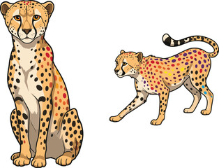 Cheetah cartoon illustration, colorful cheetah mascot, playful wild cat character, fantasy animal artwork, vector cartoon, wildlife design, jungle theme