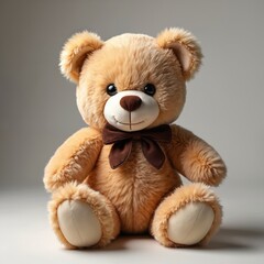 Obraz premium Fluffy light brown teddy bear with dark bow tie sits against plain grey studio backdrop. Soft cuddly toy, classic children plaything. Adorable isolated bear for gifts.