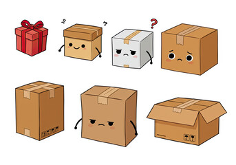 Cute cartoon illustrated boxes with expressive faces, conveying emotions like happiness, sadness, and confusion, perfect for packaging and delivery themes