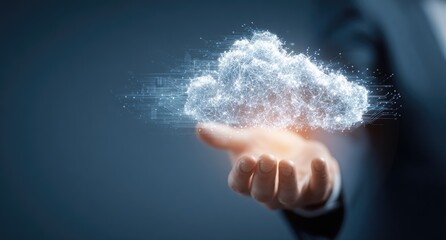 A hand offering a luminous, digital cloud graphic against a soft, blurred background