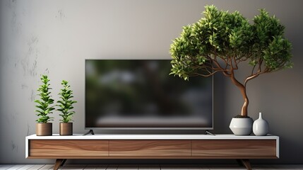 Stylish Modern Living Room Entertainment Center with Television and Decorative Potted Greenery