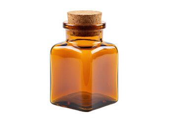 Amber glass bottle with cork stopper isolated, vintage apothecary container for essential oils or perfume on transparent background