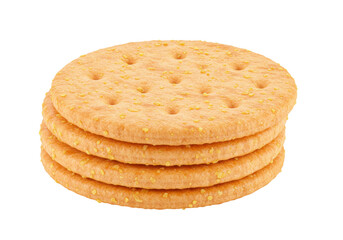 Stack of four round crackers isolated on transparent background, crispy baked snack for healthy eating and food photography
