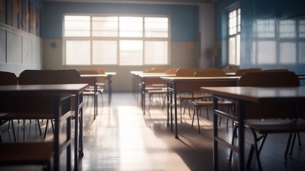 Sunlight Streaming Through Large Classroom Windows Illuminating Empty Wooden Desks and Chairs
