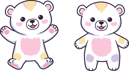 Colorful bear illustration, cartoon teddy mascot, pastel patchwork bear, whimsical animal artwork, playful fantasy bear design, vector cartoon character