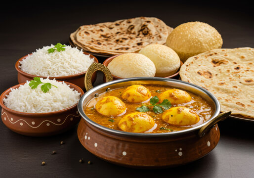 Delicious Egg Curry, known as Anda Masala, served with fluffy Basmati Rice and an assortment of traditional Indian Flatbreads and Puffed Breads.