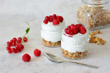 Healthy Yogurt Parfaits with red currant and raspberry Berries and Granola in Glass Jars