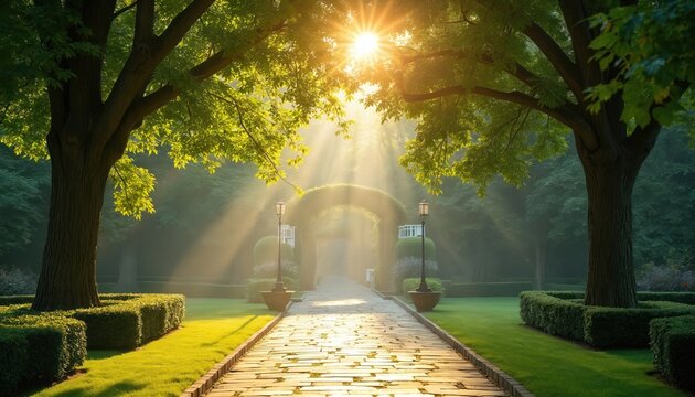 Serene garden pathway with rich green trees, misty atmosphere. Sunlight filters through leaves, casting dappled shadows on stone walkway. Well-manicured hedges line path, leading to archway. Morning
