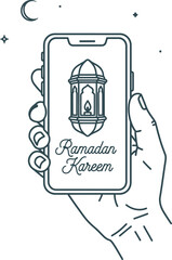 Hand holding a phone with Ramadan Kareem lantern design on the screen.
