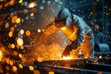 Industrial worker cutting metal with angle grinder in steel factory