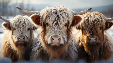 Three Highland Cattle with Long Shaggy Coats Standing Together Outdoors in Winter Snow