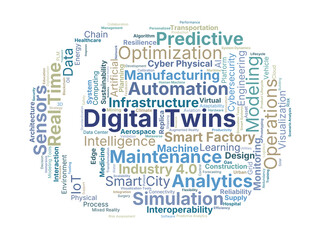 Digital Twins Word Cloud. Composition Of Terms Related To Virtual Models, Real Time Analytics, Predictive Maintenance, Engineering, And Smart Infrastructure Applications.
