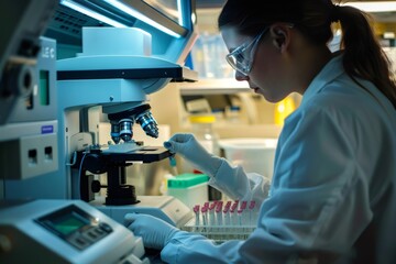 Scientist placing sample slide on microscope stage for analysis