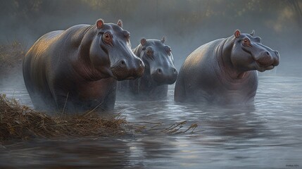 Three Majestic Hippopotamuses Emerging From the Misty Water in the Early Morning Light