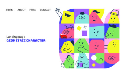 Vector banner with character geometric figures. Cute cartoon characters, colorful various figures with textures.