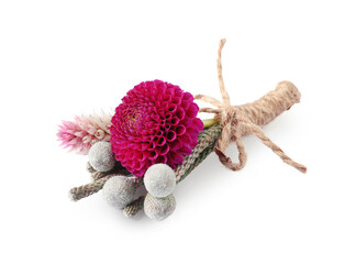 One stylish boutonniere with flowers isolated on white