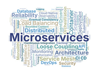 Microservices Word Cloud. Key Concepts On Distributed Architecture, APIs, Scalability, Cloud Native, Resilience, And Modern Software Deployment Practices.