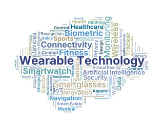 Fototapeta premium Wearable Technology Word Cloud. Key Concepts On Smart Devices, Sensors, Healthcare, Fitness, Connectivity, Data, Innovation, And Artificial Intelligence Applications.
