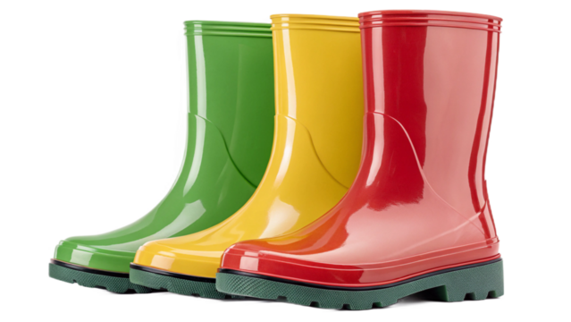 Three colorful rain boots in a row with green yellow and red on a black background studio shot created with generated ai
